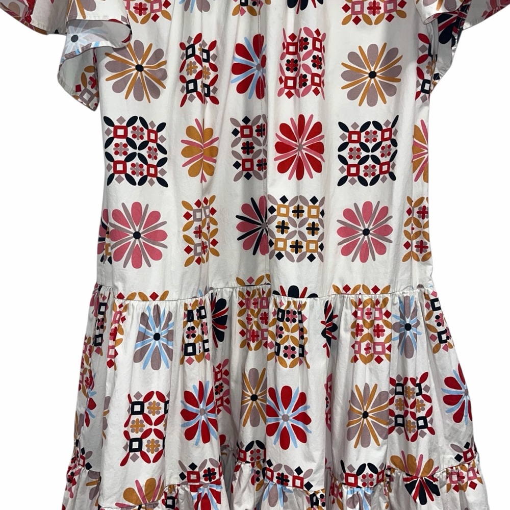 La DoubleJ Multicolor Midi Dress Floral Tile Print Tiered Cotton Med Casual 🟡 - Picture 11 of 14